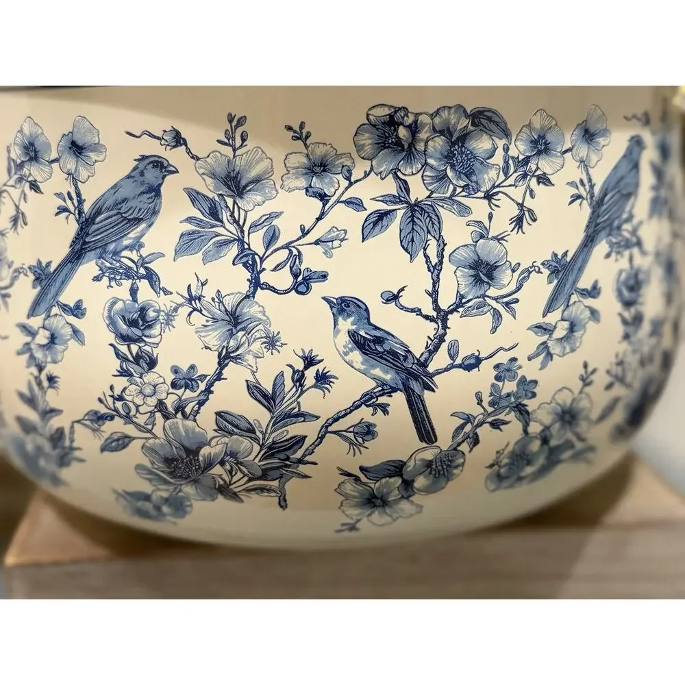 Alta Blue Floral Bird Patterned Enamel Pot w/glass lid and golden handle 6.55 Qt